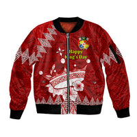 Personalised Tonga King Tupou I Day Sleeve Zip Bomber Jacket Tongan Ngatu Pattern With Crown - Wonder Print Shop