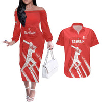 Custom Bahrain Cricket Couples Matching Off The Shoulder Long Sleeve Dress and Hawaiian Shirt Go Champions Grunge Style - Wonder Print Shop