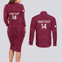 Custom Qatar Cricket Couples Matching Long Sleeve Bodycon Dress and Long Sleeve Button Shirt Go Champions Qataris Flag Style - Wonder Print Shop