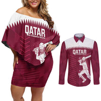 Custom Qatar Cricket Couples Matching Off Shoulder Short Dress and Long Sleeve Button Shirt Go Champions Qataris Flag Style - Wonder Print Shop