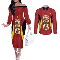 Custom Belgium Football Couples Matching Off The Shoulder Long Sleeve Dress and Long Sleeve Button Shirt 2026 Go De Rode Duivels - Wonder Print Shop