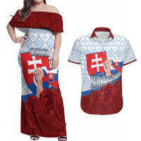 Slovakia Independence Day Couples Matching Off Shoulder Maxi Dress and Hawaiian Shirt Slovak Map With Rosa Slavic Pattern