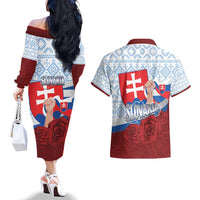 Slovakia Independence Day Couples Matching Off The Shoulder Long Sleeve Dress and Hawaiian Shirt Slovak Map With Rosa Slavic Pattern