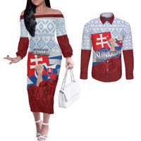 Slovakia Independence Day Couples Matching Off The Shoulder Long Sleeve Dress and Long Sleeve Button Shirt Slovak Map With Rosa Slavic Pattern