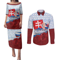 Slovakia Independence Day Couples Matching Puletasi and Long Sleeve Button Shirt Slovak Map With Rosa Slavic Pattern