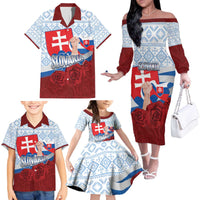Slovakia Independence Day Family Matching Off The Shoulder Long Sleeve Dress and Hawaiian Shirt Slovak Map With Rosa Slavic Pattern