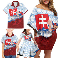 Slovakia Independence Day Family Matching Off Shoulder Short Dress and Hawaiian Shirt Slovak Map With Rosa Slavic Pattern