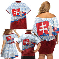 Slovakia Independence Day Family Matching Off Shoulder Short Dress and Hawaiian Shirt Slovak Map With Rosa Slavic Pattern