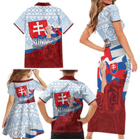 Slovakia Independence Day Family Matching Short Sleeve Bodycon Dress and Hawaiian Shirt Slovak Map With Rosa Slavic Pattern
