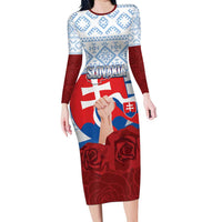 Slovakia Independence Day Long Sleeve Bodycon Dress Slovak Map With Rosa Slavic Pattern