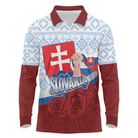 Slovakia Independence Day Long Sleeve Polo Shirt Slovak Map With Rosa Slavic Pattern