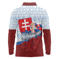 Slovakia Independence Day Long Sleeve Polo Shirt Slovak Map With Rosa Slavic Pattern