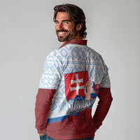 Slovakia Independence Day Long Sleeve Polo Shirt Slovak Map With Rosa Slavic Pattern