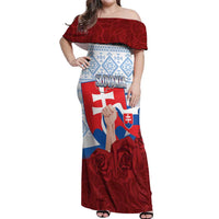 Slovakia Independence Day Off Shoulder Maxi Dress Slovak Map With Rosa Slavic Pattern