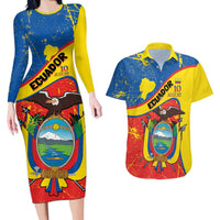 Personalized Ecuador Independence Day Couples Matching Long Sleeve Bodycon Dress and Hawaiian Shirt Coat Of Arms Grunge Style - Wonder Print Shop