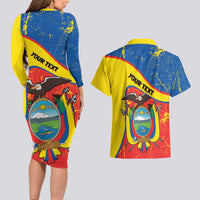 Personalized Ecuador Independence Day Couples Matching Long Sleeve Bodycon Dress and Hawaiian Shirt Coat Of Arms Grunge Style - Wonder Print Shop