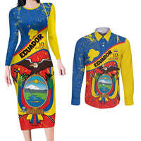 Personalized Ecuador Independence Day Couples Matching Long Sleeve Bodycon Dress and Long Sleeve Button Shirt Coat Of Arms Grunge Style - Wonder Print Shop