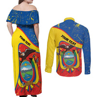 Personalized Ecuador Independence Day Couples Matching Off Shoulder Maxi Dress and Long Sleeve Button Shirt Coat Of Arms Grunge Style - Wonder Print Shop