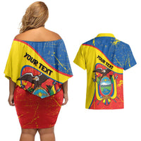 Personalized Ecuador Independence Day Couples Matching Off Shoulder Short Dress and Hawaiian Shirt Coat Of Arms Grunge Style - Wonder Print Shop
