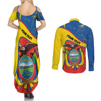 Personalized Ecuador Independence Day Couples Matching Summer Maxi Dress and Long Sleeve Button Shirt Coat Of Arms Grunge Style - Wonder Print Shop