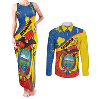 Personalized Ecuador Independence Day Couples Matching Tank Maxi Dress and Long Sleeve Button Shirt Coat Of Arms Grunge Style - Wonder Print Shop
