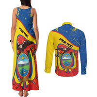 Personalized Ecuador Independence Day Couples Matching Tank Maxi Dress and Long Sleeve Button Shirt Coat Of Arms Grunge Style - Wonder Print Shop