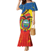 Personalized Ecuador Independence Day Family Matching Mermaid Dress and Hawaiian Shirt Coat Of Arms Grunge Style - Wonder Print Shop