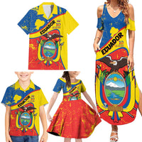 Personalized Ecuador Independence Day Family Matching Summer Maxi Dress and Hawaiian Shirt Coat Of Arms Grunge Style - Wonder Print Shop