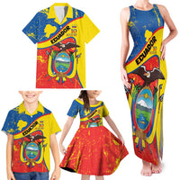 Personalized Ecuador Independence Day Family Matching Tank Maxi Dress and Hawaiian Shirt Coat Of Arms Grunge Style - Wonder Print Shop