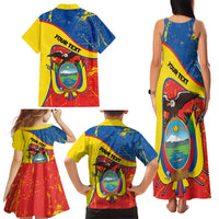 Personalized Ecuador Independence Day Family Matching Tank Maxi Dress and Hawaiian Shirt Coat Of Arms Grunge Style - Wonder Print Shop