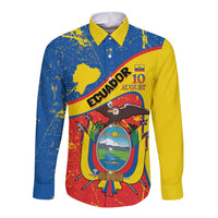 Personalized Ecuador Independence Day Long Sleeve Button Shirt Coat Of Arms Grunge Style - Wonder Print Shop