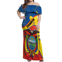 Personalized Ecuador Independence Day Off Shoulder Maxi Dress Coat Of Arms Grunge Style - Wonder Print Shop