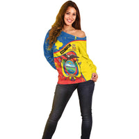 Personalized Ecuador Independence Day Off Shoulder Sweater Coat Of Arms Grunge Style - Wonder Print Shop