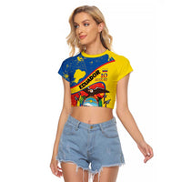 Personalized Ecuador Independence Day Raglan Cropped T Shirt Coat Of Arms Grunge Style - Wonder Print Shop