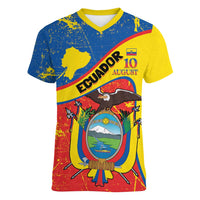 Personalized Ecuador Independence Day Women V-Neck T-Shirt Coat Of Arms Grunge Style - Wonder Print Shop