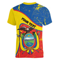 Personalized Ecuador Independence Day Women V-Neck T-Shirt Coat Of Arms Grunge Style - Wonder Print Shop