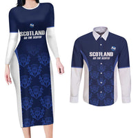 Custom Scotland Cricket Couples Matching Long Sleeve Bodycon Dress and Long Sleeve Button Shirt Go Scots Thistle Pattern - Wonder Print Shop