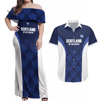 Custom Scotland Cricket Couples Matching Off Shoulder Maxi Dress and Hawaiian Shirt Go Scots Thistle Pattern - Wonder Print Shop