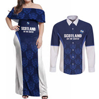 Custom Scotland Cricket Couples Matching Off Shoulder Maxi Dress and Long Sleeve Button Shirt Go Scots Thistle Pattern - Wonder Print Shop