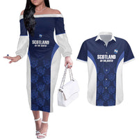 Custom Scotland Cricket Couples Matching Off The Shoulder Long Sleeve Dress and Hawaiian Shirt Go Scots Thistle Pattern - Wonder Print Shop