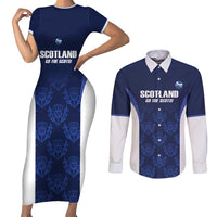 Custom Scotland Cricket Couples Matching Short Sleeve Bodycon Dress and Long Sleeve Button Shirt Go Scots Thistle Pattern - Wonder Print Shop