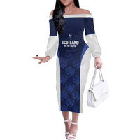 Custom Scotland Cricket Family Matching Off The Shoulder Long Sleeve Dress and Hawaiian Shirt Go Scots Thistle Pattern - Wonder Print Shop