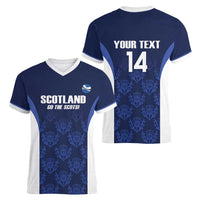 Custom Scotland Cricket Women V-Neck T-Shirt Go Scots Thistle Pattern - undefined