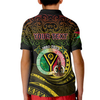 Kids black polo shirt back graphic with 'YOUR TEXT' and round emblem