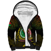 Black sherpa-lined hoodie with colorful Vanuatu graphic, open hood and kangaroo pocket