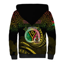 Black hoodie with Sherpa-lined hood and large back Vanuatu emblem graphic
