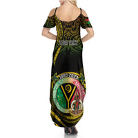 Black off-shoulder maxi dress with multicolor circular independence graphic print, open back