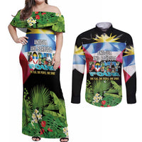 Antigua and Barbuda Independence Day Couples Matching Off Shoulder Maxi Dress and Long Sleeve Button Shirt 44th Anniversary One Flag One People One Spirit - Wonder Print Shop