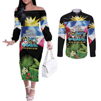 Antigua and Barbuda Independence Day Couples Matching Off The Shoulder Long Sleeve Dress and Long Sleeve Button Shirt 44th Anniversary One Flag One People One Spirit - Wonder Print Shop