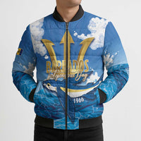 Barbados Independence Day Bomber Puffer Jacket Gold Trident and Flying Fish - Wonder Print Shop